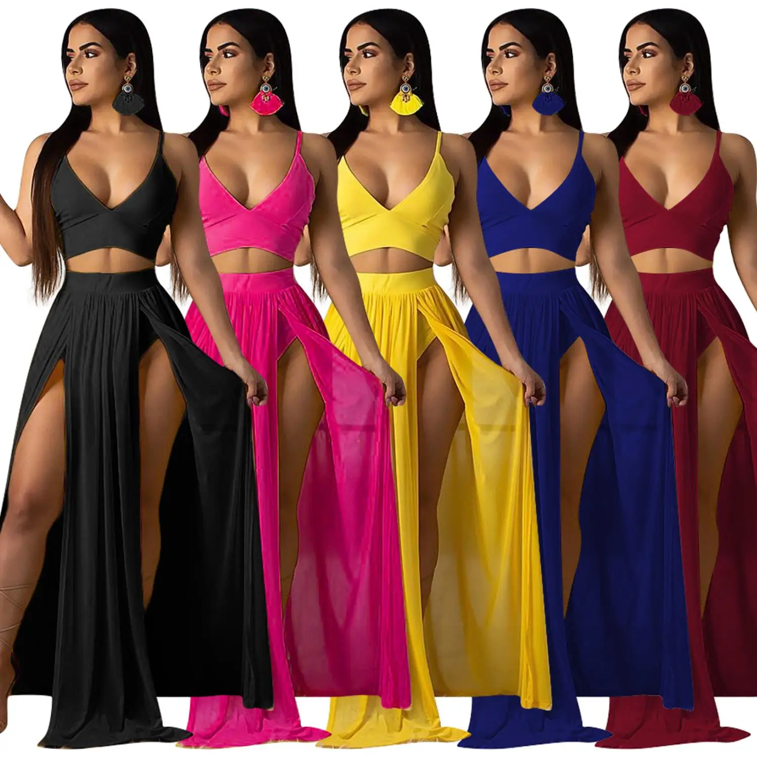 

GRNSHTS Two-piece Chiffon Dress Set Sexy Women Dress Set V-Neck Crop Top & Long Skirt Set Seven Colors Solid Summer Dress Set
