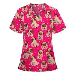 v neck scrub tops Cartoon Dogs Nurse Uniform  medicoal uniforms engineered print piece cut Pet Store Working Uniform Blouse A50