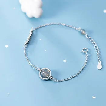 

Authentic REAL. 925 Sterling Silver Moonstone &lucky round beads chain Bracelet GTLS900