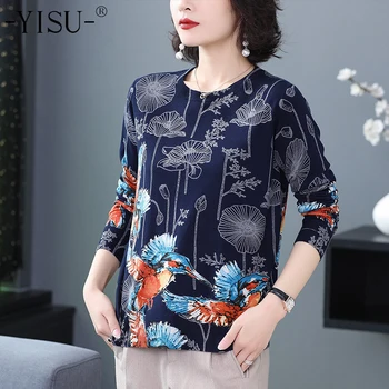 

YISU 2019 Autumn Winter New Sweater Women bird Lotus Printed Pullovers O neck Long sleeve Loose Printed Sweater Knitted sweater