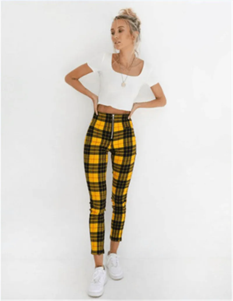 Женские брюки с высокой талией, клетчатые Стрейчевые узкие брюки на молнии, повседневные облегающие брюки-карандаш, три цвета, женские брюки - Цвет: Цвет: желтый