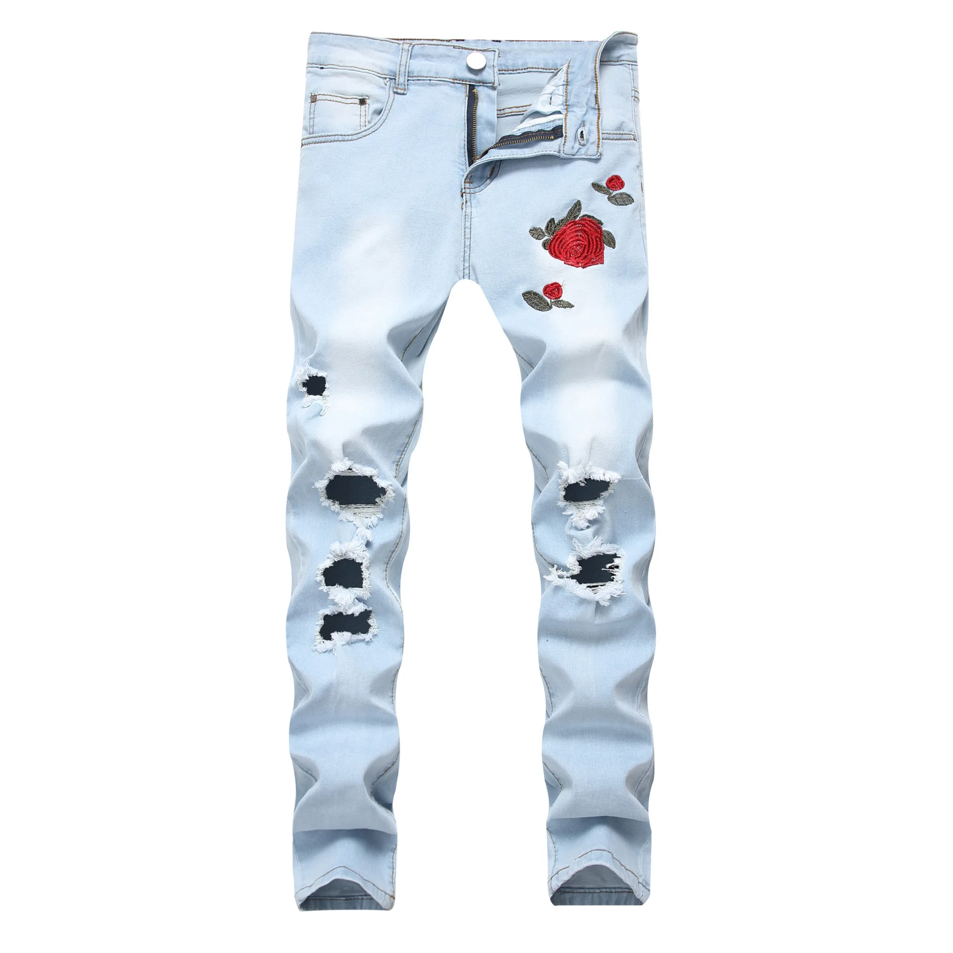 

New Style Men Embroidery Rose Cowboy with Holes Light Blue Pants Slim Fit Large Size Stretch Trousers