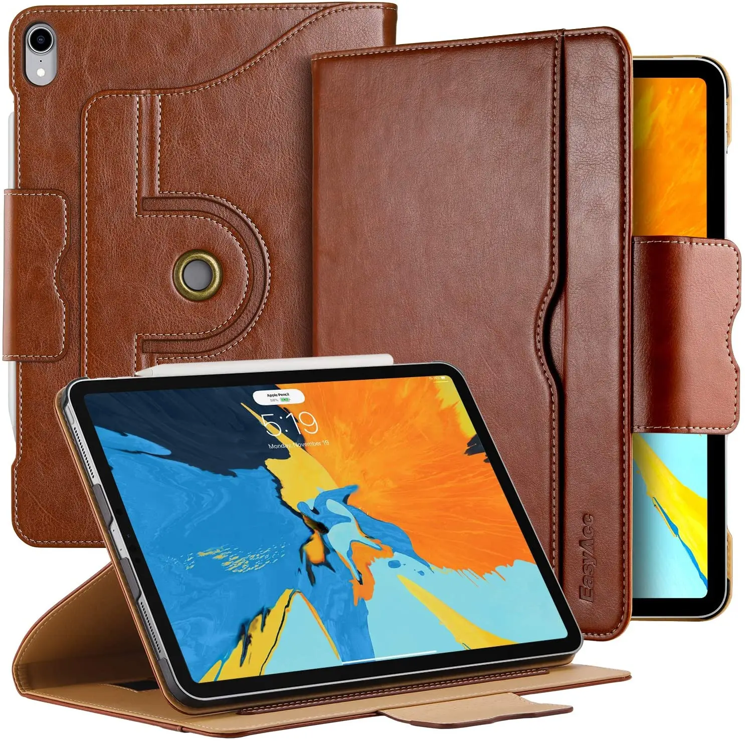

EasyAcc Case Compatible for iPad Pro 11 2018 With Pencil Holder 360 Degree Rotation 100% PU Leather Auto Wake/Sleep Brown