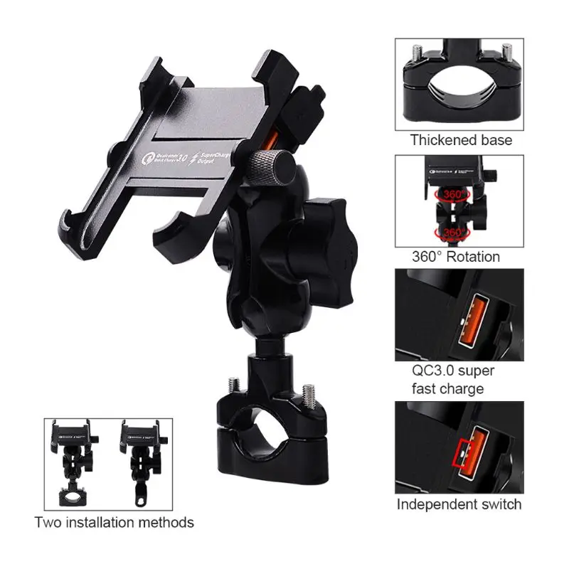 Online Waterproof Metal Motorcycle Smart Phone Mount with QC 3.0 USB Quick Charger Motorbike Mirror Handlebar Stand Holder for Samsung