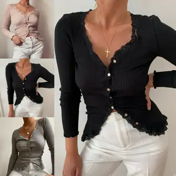 

2019 Autumn Womens V Neck Long Sleeve Knitted Sweater Ladies Jumper Pullover Tops Blouse NEW