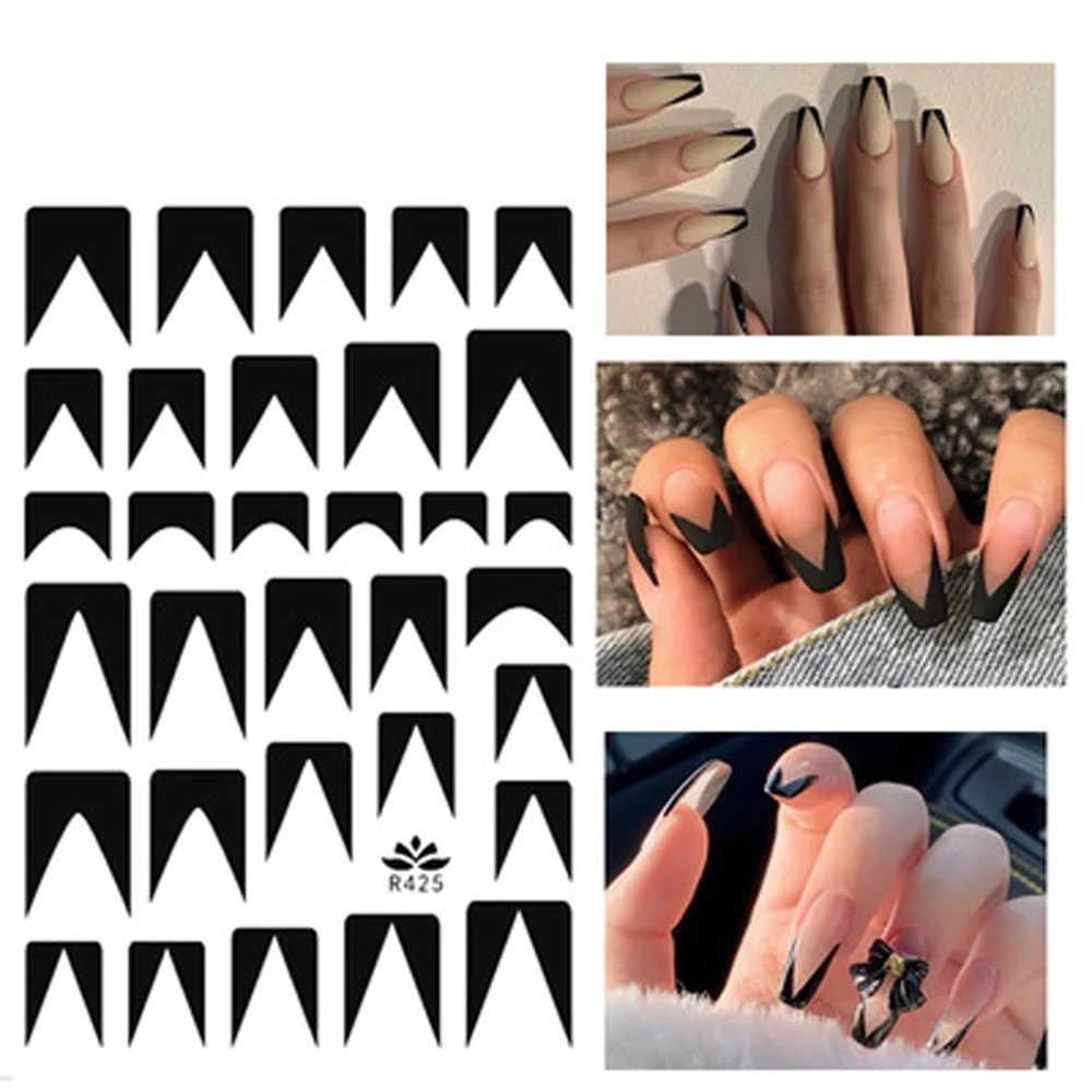 New French Simple Nail Stickers Semicircle Black White DIY Nail Decals Self Adhesive Waterproof Manicure Styling