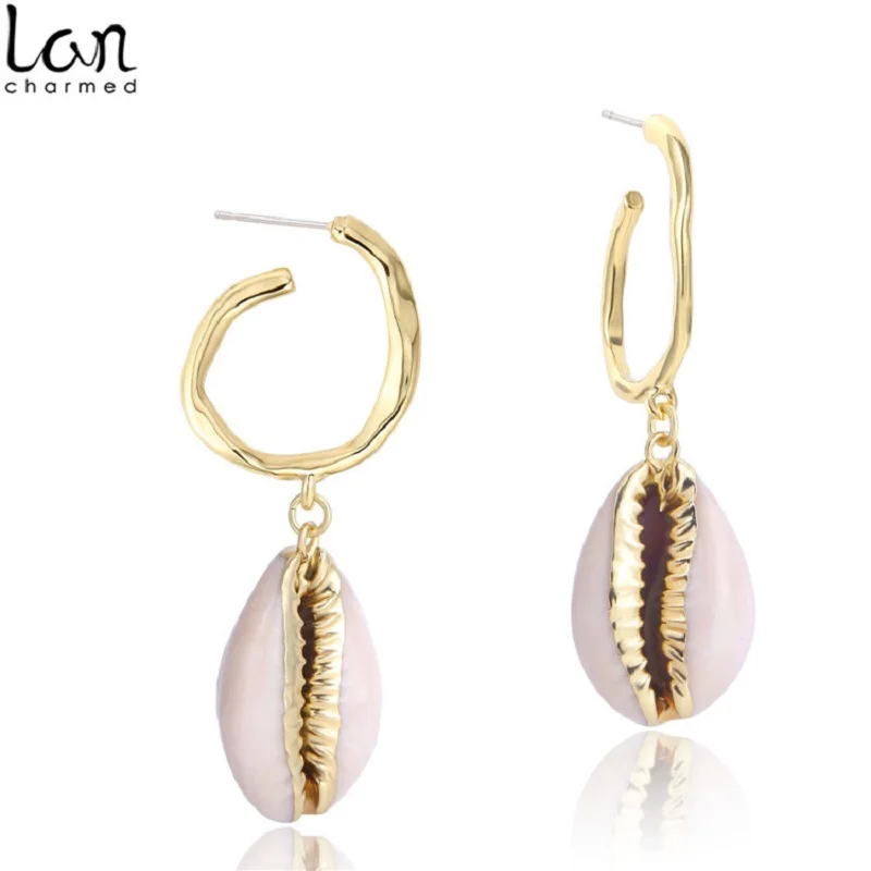 

Lancharmed Plated Hoop Earrings Natural Cowrie Shell Earrings For Women New Hot Sale Ladies Shell Earring Fashion Jewelry