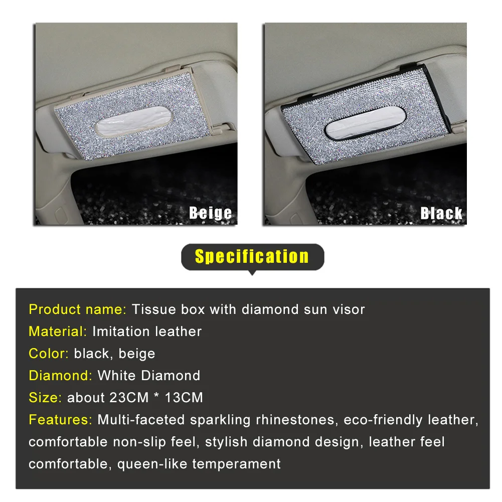 

Crystal Car Tissue Box Sun Visor Diamond Leather Auto Tissue Paper Holder Case Sunvisor Hanging Napkin Interior Accessories