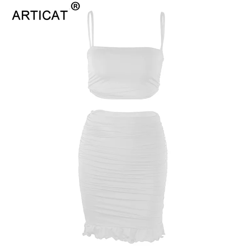 Articat Women Sexy Bodycon 2 Piece Dress Set Ruffles Spaghetti Strap Crop Top Summer Mini Skirts Suits Fashion Solid Outfits