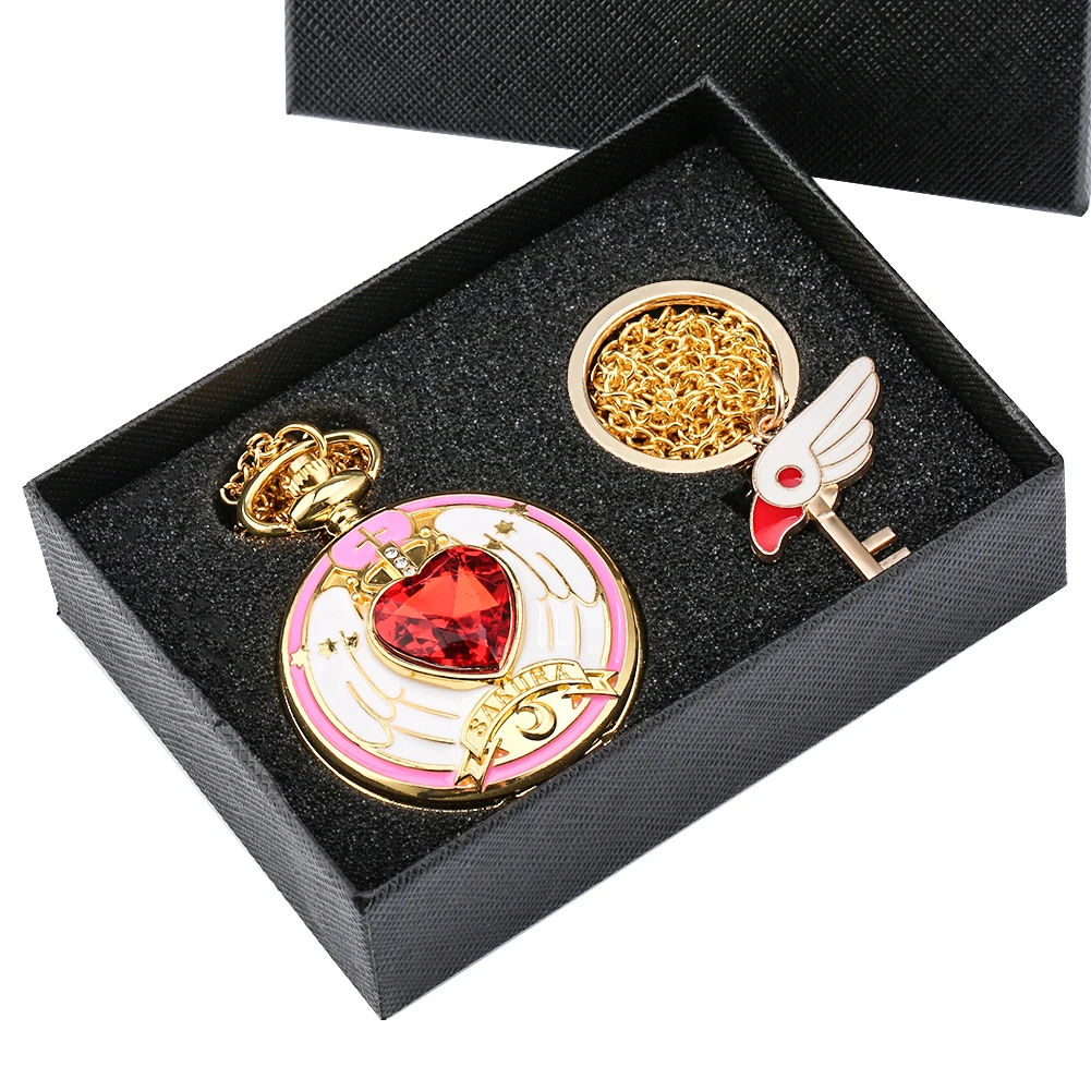 Pocket Watch Set for Girls Fashionable Card-captor Sakura Theme Pattern Key Ring Comfortable Gold Slim necklace for Women