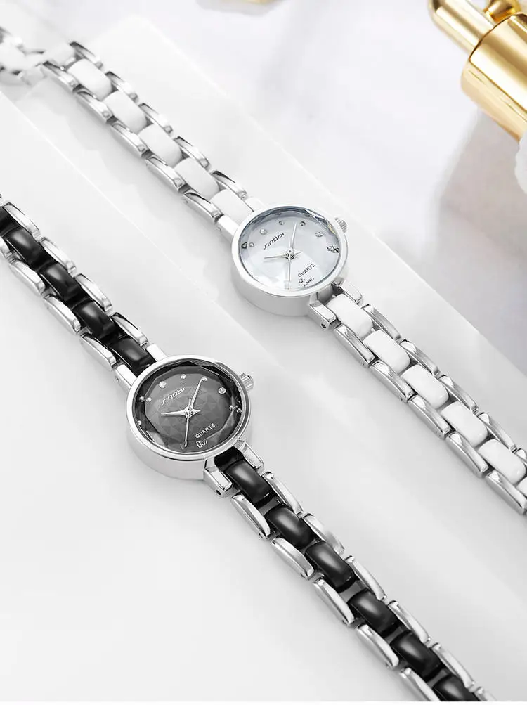 Relojes Mujer, женские часы с цветочным принтом и бриллиантами, SINOBI, новинка, черный/белый, маленький циферблат, элегантные кварцевые часы-браслет, женские часы