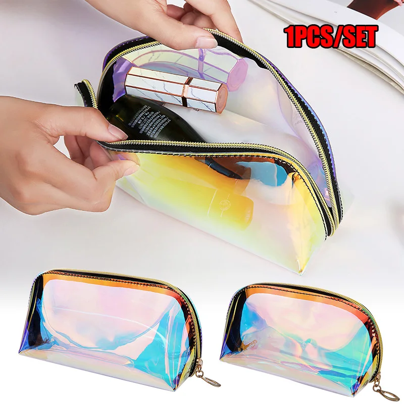 

Holographic Makeup Bag Clear Organizer Large Capacity Transparent Cosmetic Toiletry Pouch 2023 New Colorful Women Makeup Bag