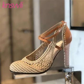 

High Quality String Bead High Heel Shoes Woman Fishing Net Braided Cut Outs Women Pumps Cross Strap Weave Designer Runway Shoes