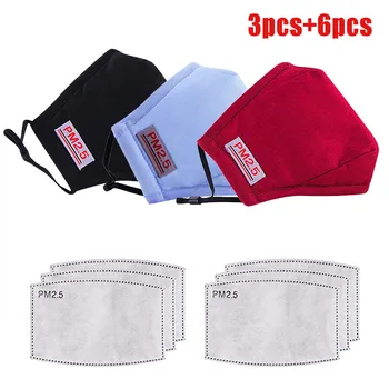 3pcMasks + 6filter Face Mask Washable Mask Mouth Anti Pm2.5 Dust Mouth Mask Activated Carbon Filter Mask Fabric Mask Mascarillas adjustable masks cartoon cute print fabric face masks anti pm2 5 dust mouth mask activated carbon filter mask washable
