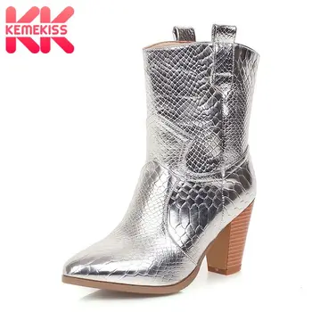 

KemeKiss Women Ankle Boots Fashion Brand Stone Print Shoes Women Fashion Thick Heel Leather Pointed Toe Footwear Size 34-47