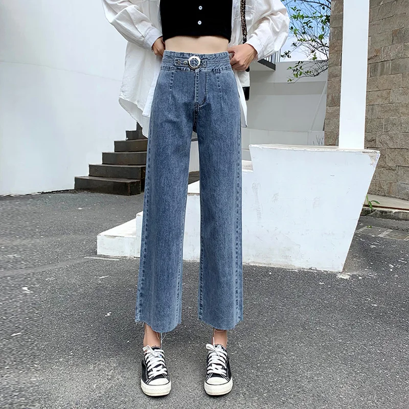 Denim wide-leg pants jeans woman loose high waist cec straight pants fall feeling thin slim Retro jean femme trouser