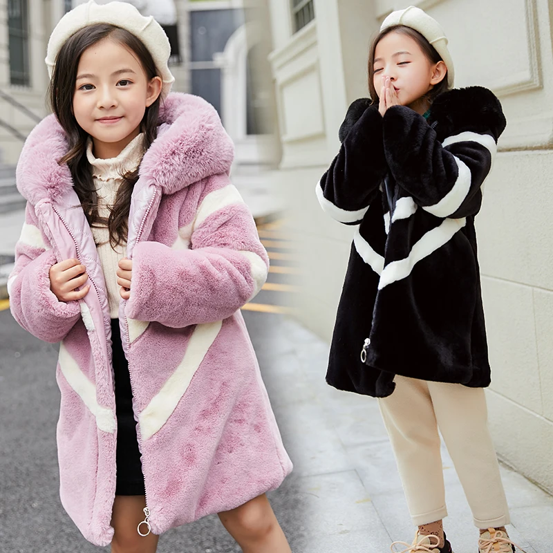 

Girl's Winter Imitation Big Fur Coat Girls Thick Fluff Warm Coat Children Baby Clothes Kid Thick Plus Velvet Coat Wholesale