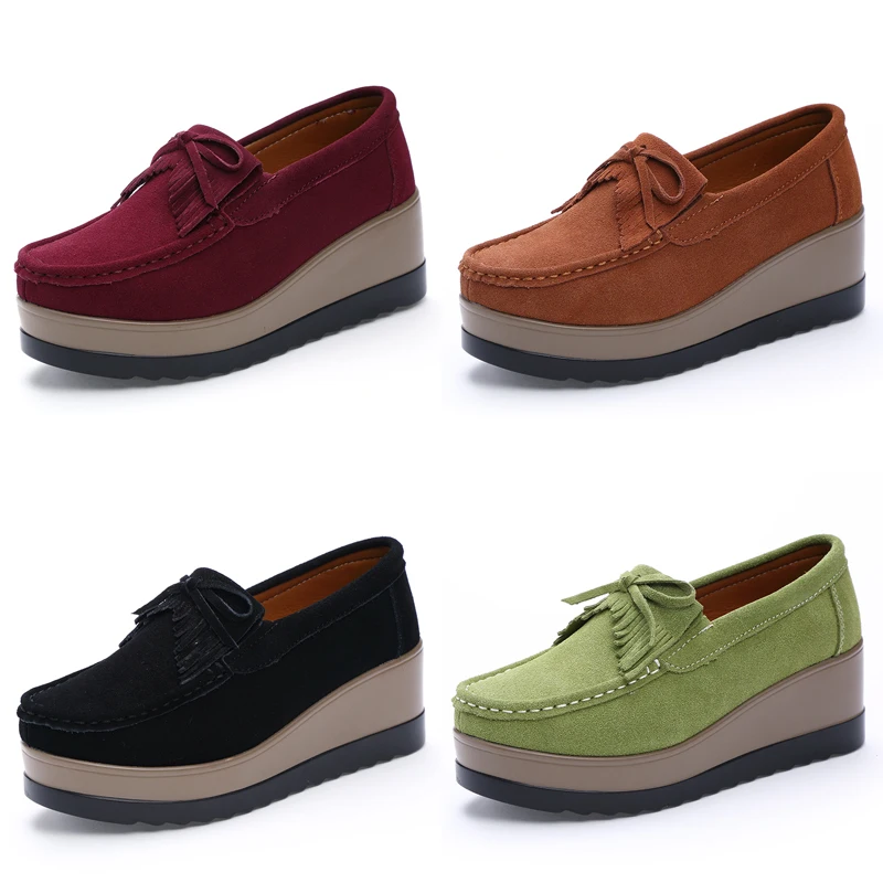 Women Flats Suede Leather Shoes Lady Loafers Sweet Tassel Slip-ons Platform Moccasins