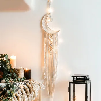 

Home Boho Wall Decor moon pearl Handmade Cotton rope macram tassel woven long tapestry Wall hanging living room background