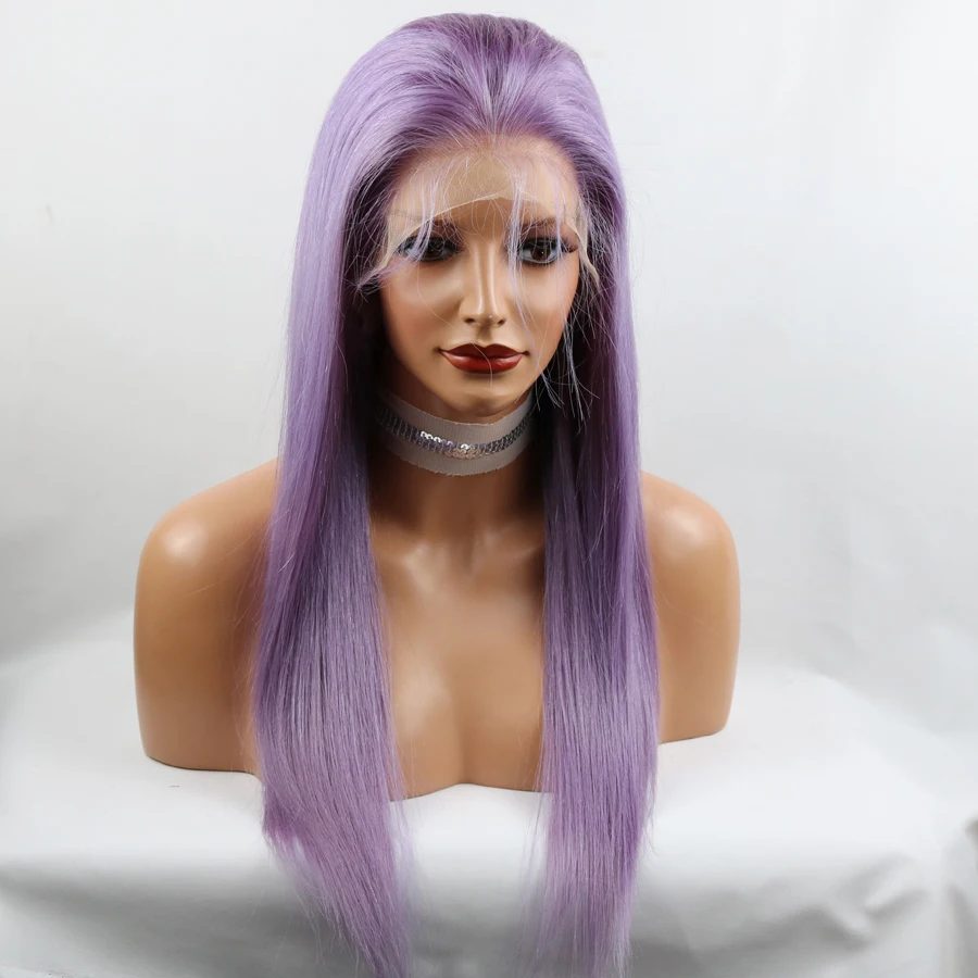 Прически Silky Straight, светильник фиолетовые волосы 13x6 Синтетические волосы на кружеве парики отбелен высокий хвост Gluelesss 180 Плотность полные парики шнурка для Для женщин
