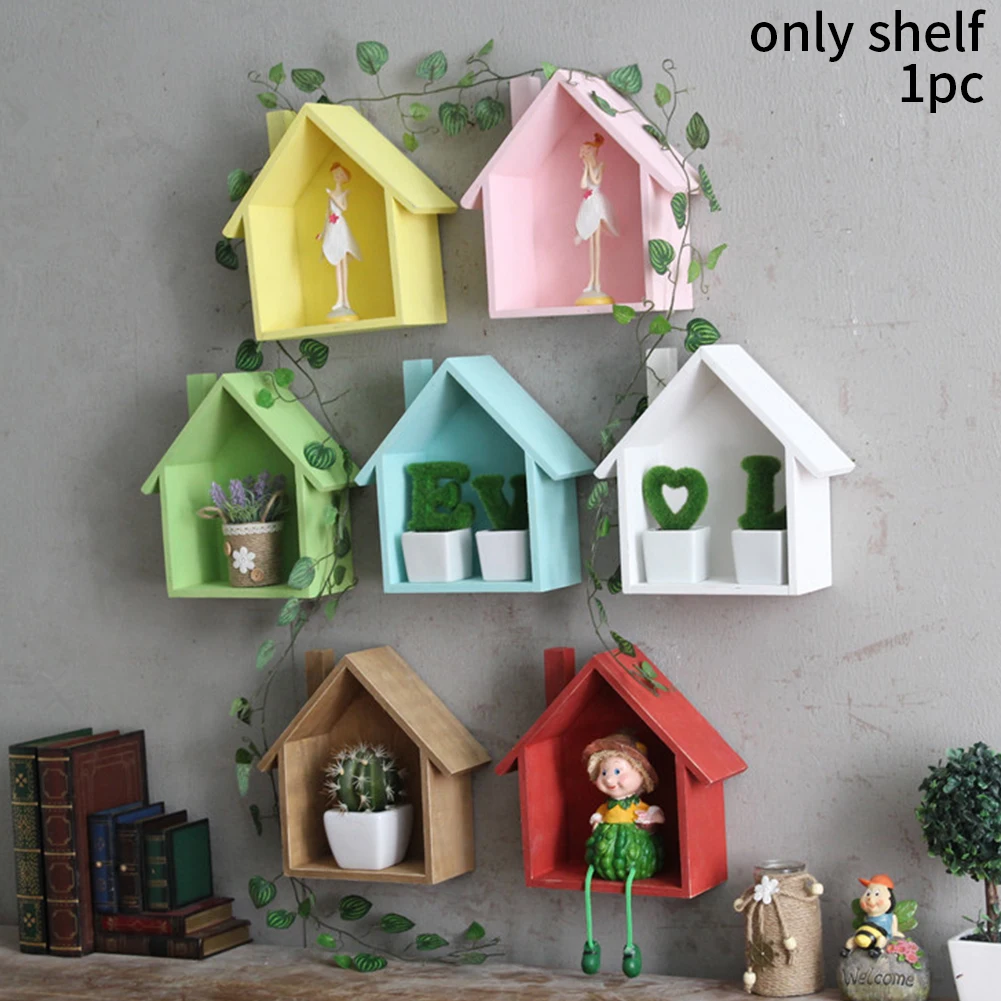 

Display Wall Mounted Craft Storage Shelf Household Holder Kids Room House Shaped Decorative Living Room Painted Wooden Bedroom