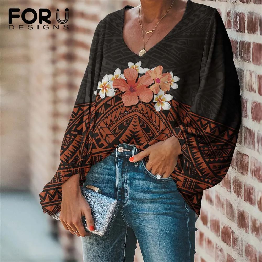 

FORUDESIGNS Vintage Women Long Sleeve Chiffon Polynesian Hibiscus Flower Hawaiian Plumeria Pattern Ladies Loose Plus Size Tops