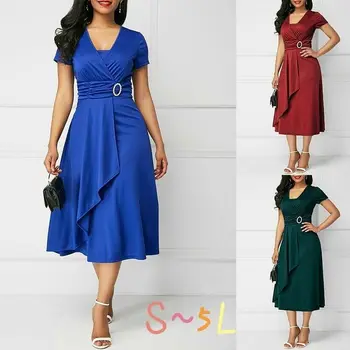 

Summer sexy asymmetric big swing V-neck women's high waist mid-length dress