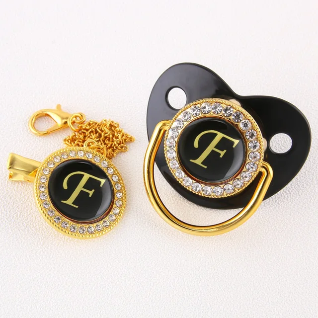 Luxury Black Bling Baby Pacifier And Clip Alphabet Letter M Infant Pacifier Gold Letter Unique 26 Name Initials Baby Shower Gift F
