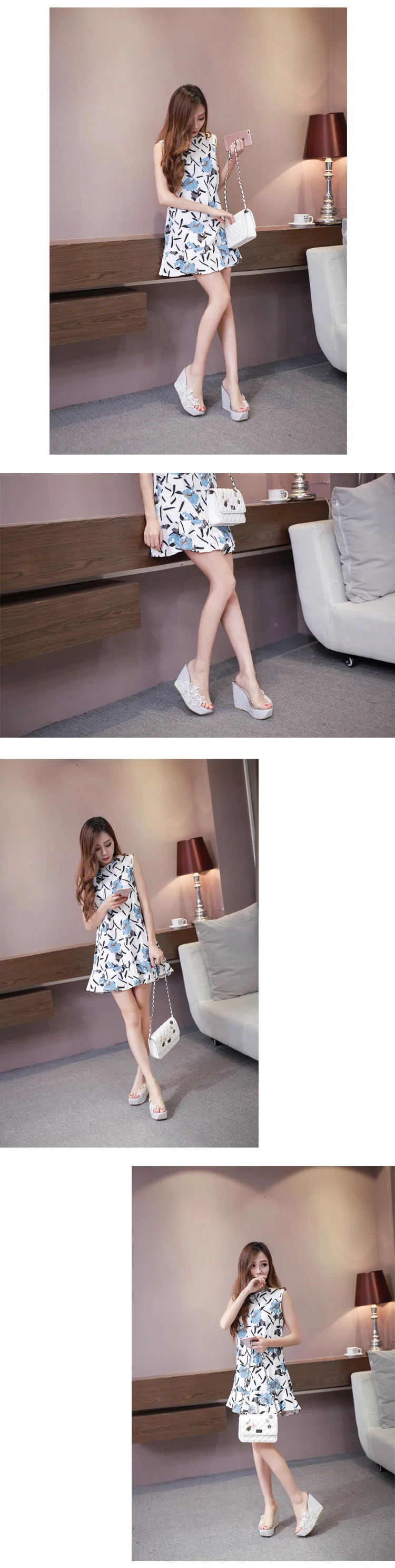 new bohemian rhinestone transparent slope with thick bottom waterproof platform lace slippers children
