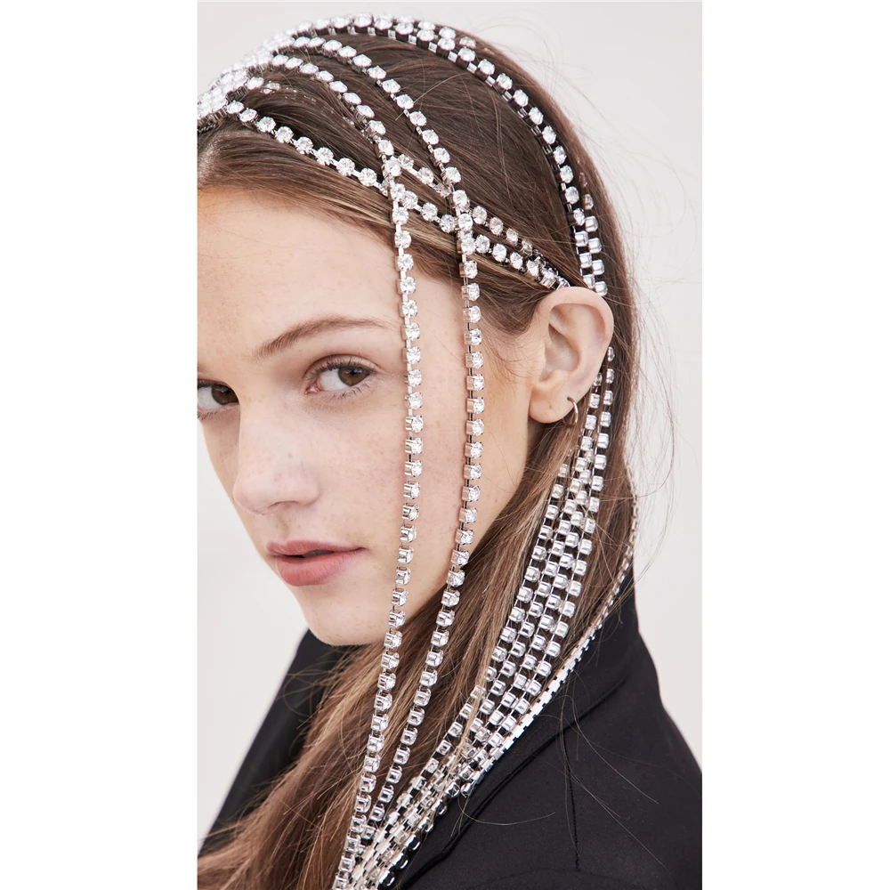 Trendy Rhinestone Hair Accessories Chain for Women Wedding Jewelry Elegant Full Crystal Tassel Hairbands Long Chain Headwear