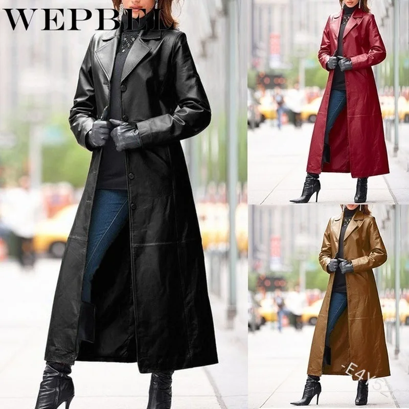 Женский Длинный кожаный жакет WEPBEL свободный однотонный тренчкот с лацканами в