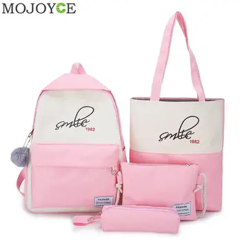 

4pcs Fashion Letters Hit Color Women Backpack Canvas Casual Shoulder Bags Travel Rucksacks School Student Clutch