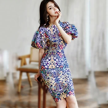 

Summer Korea High Fashion Style Two Piece Set Women Lantern Sleeve Floral Print Blouse Women And Package Hip Skirt Clothes SL218