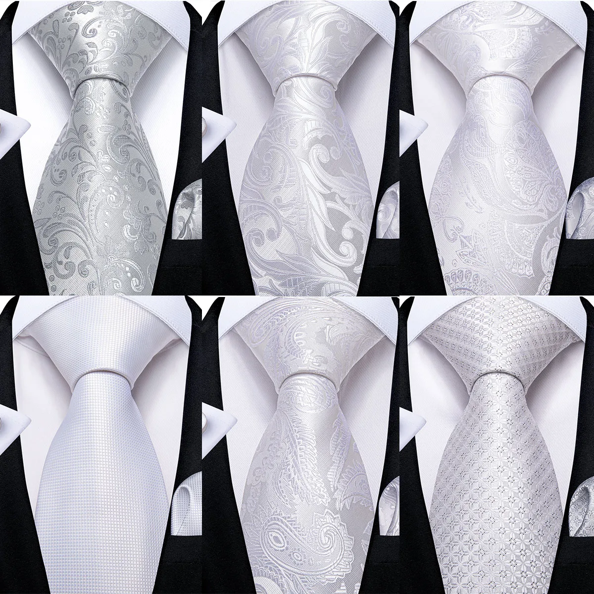 DiBanGu Men Tie White Silver Paisley Design Silk Wedding Tie For Men Hanky Cufflink Tie Set Fashion Bussiness Party Dropshipping