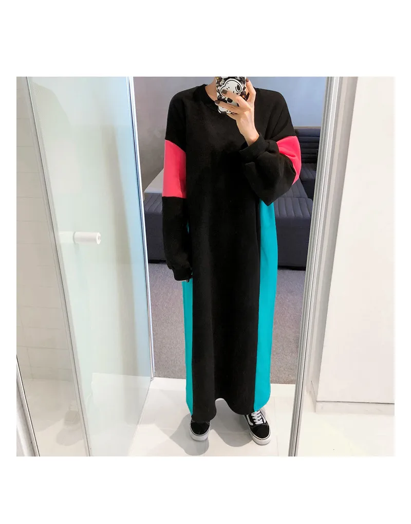 RUGOD New Women Stiching Sweatshirt Dress O-neck Contrast Color Loose Long Thicken Vestidos Korean Lazy Cozy Winter Dress