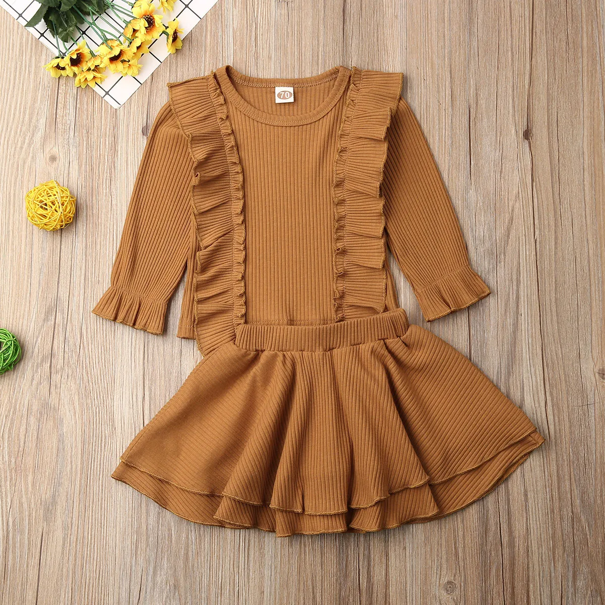 0-24M Cute Newborn Baby Girl Solid Color Long Sleeve Ruffles T-shirt Tops A-line Skirt 2PCS Outfits Baby Clothing Set