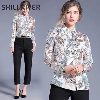 

2020 spring autumn runway fashion designer tops for women long sleeve blouse slim casual print floral elegant lapel shirt white