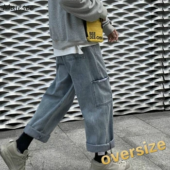 

Men Jeans Pockets Solid Large Size Oversize Wide Leg Denim Trousers Mens Korean Style Leisure All-match Chic Harajuku Teens New