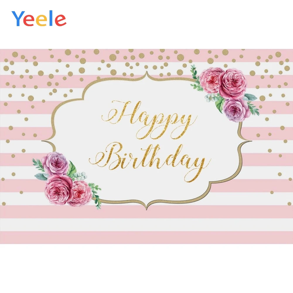 

Yeele Girl Woman Birthday Party Backdrop Flower Glitter Golden Dots Stripe Photography Background Custom Vinyl For Photo Studio