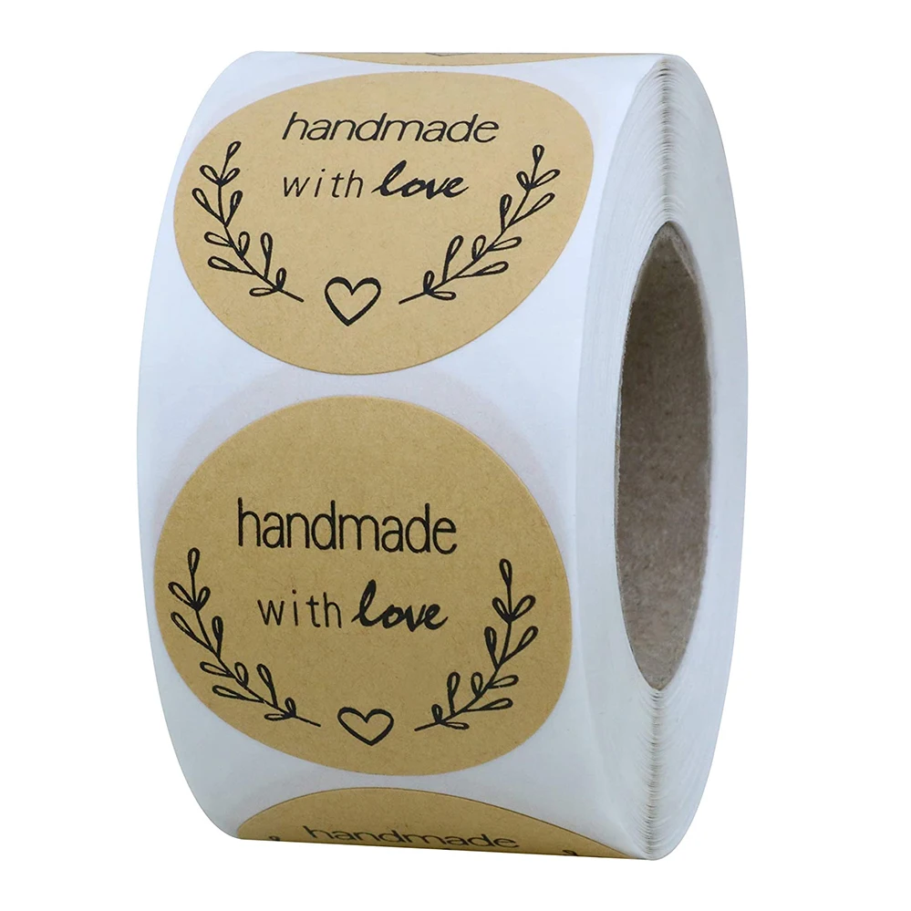 

500pcs/roll Natural Kraft Olive Handmade With Love Seal Labes Sticker Paper For Envelope Packing Gift Box Stationery Stickers
