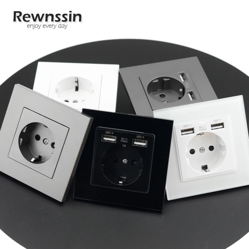 Rewnssin Wall Power Sockets USB Ports DE EU Electrical Home Plug Outlets， AC110V-250V Electric Accessories, Many Colors