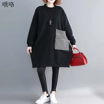

Plus Size Women Female Clothes Pullover Vintage Black Top Patchwork Loose Hoodies Sweatshirts Thicken 2019 Autumn Winter