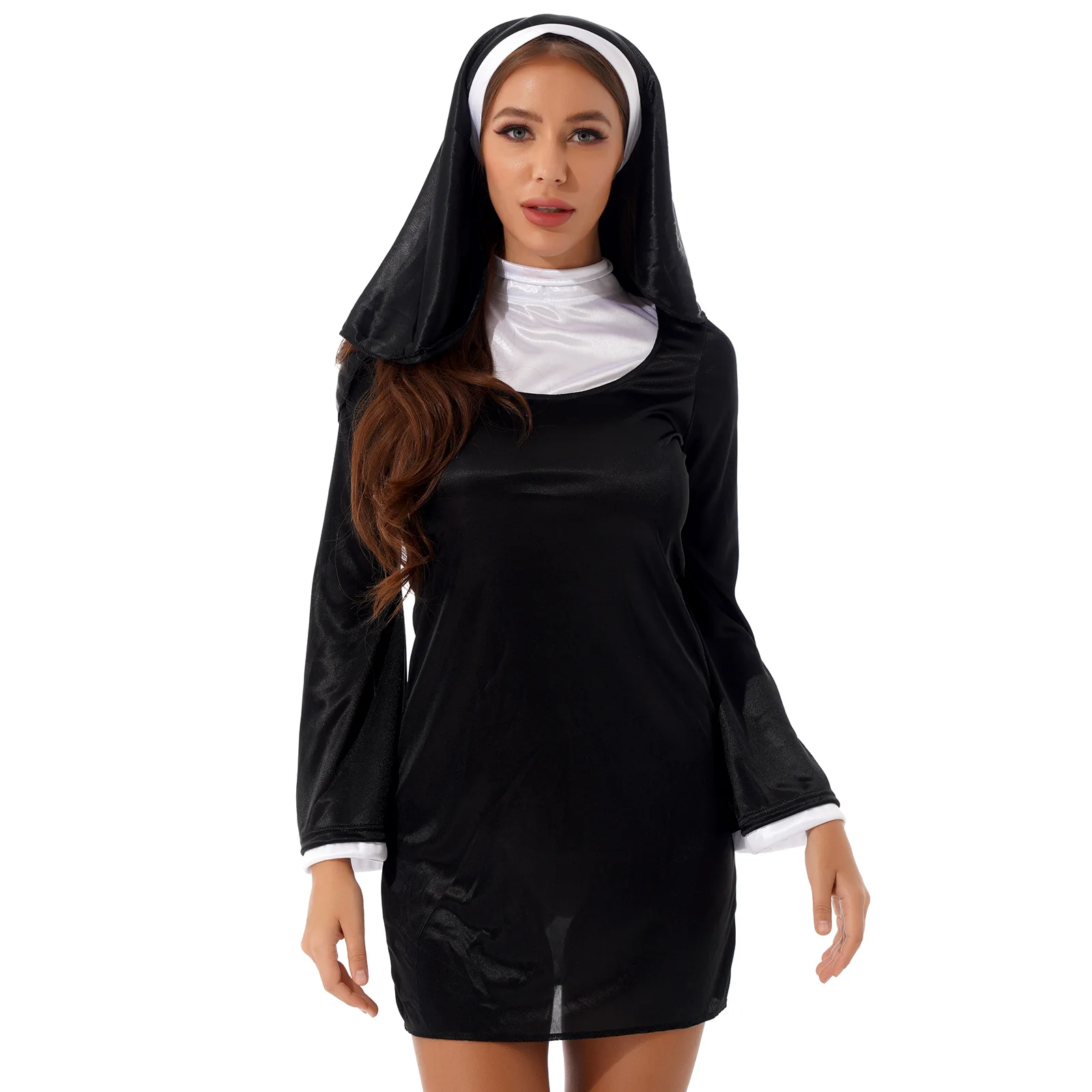 Halloween Church Religious Convent Nun Uniform Sexy Lady High Neck Long Flare Sleeve Dress With Headscarf Nun Superior Costume