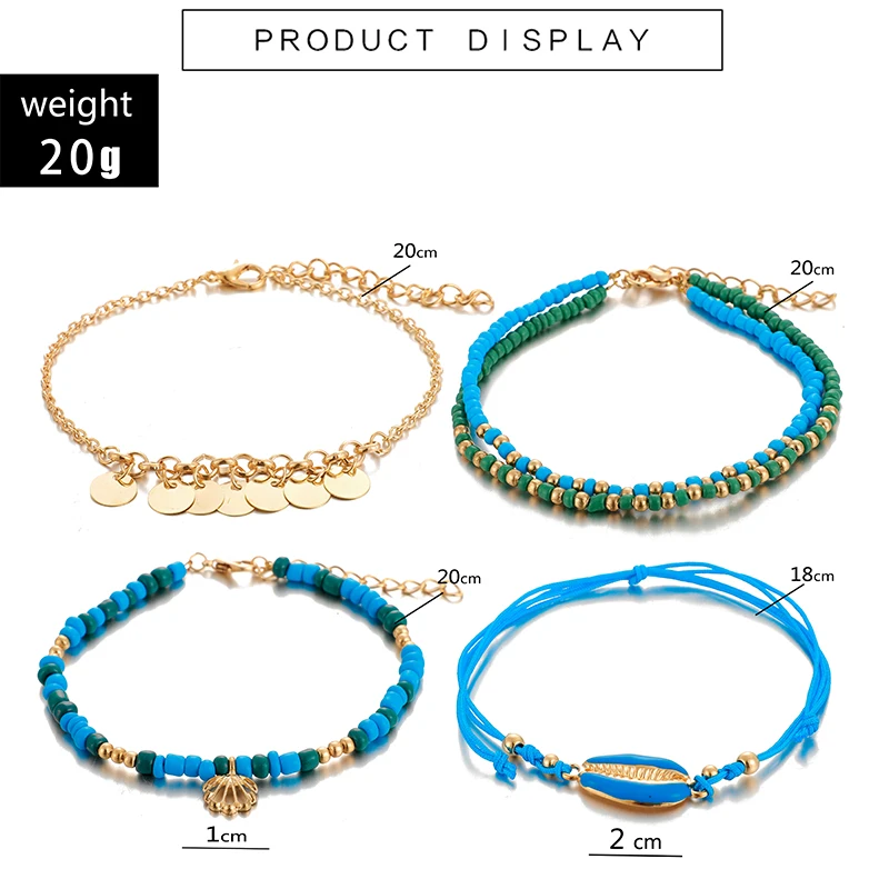 docona 4pcs Boho Shell Beaded Anklet Set for Women Multilayer Adjustable Sequin Pendant Foot Chains Beach Jewelry Tobillera 8792