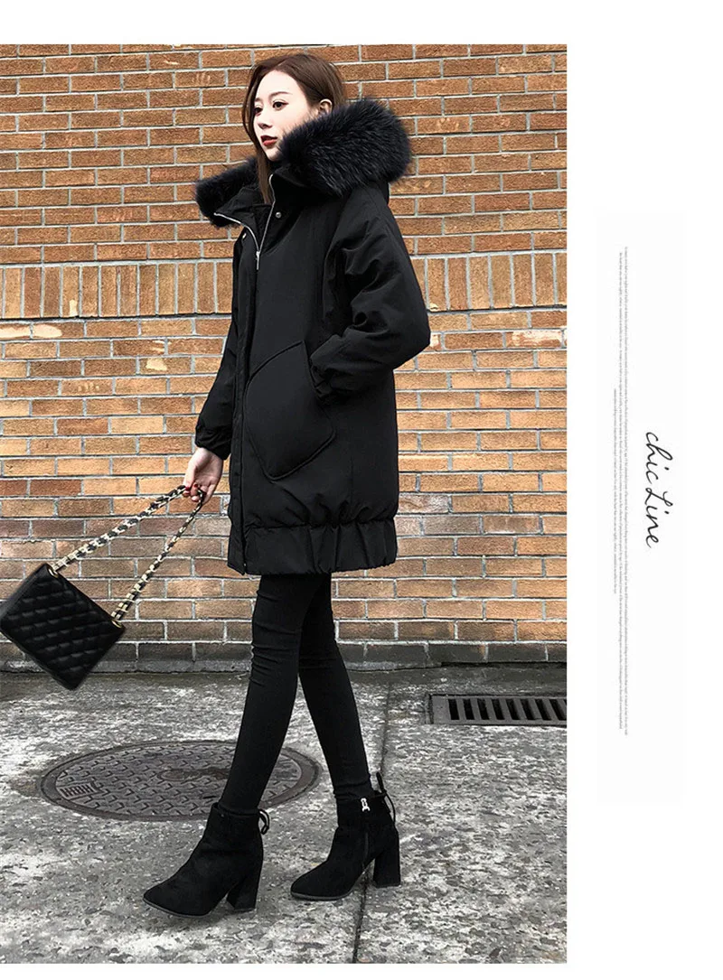 Зимняя женская черная длинная куртка с меховым капюшоном, Повседневная зимняя одежда, женская теплая парка с хлопковой подкладкой и длинным рукавом, пальто для женщин