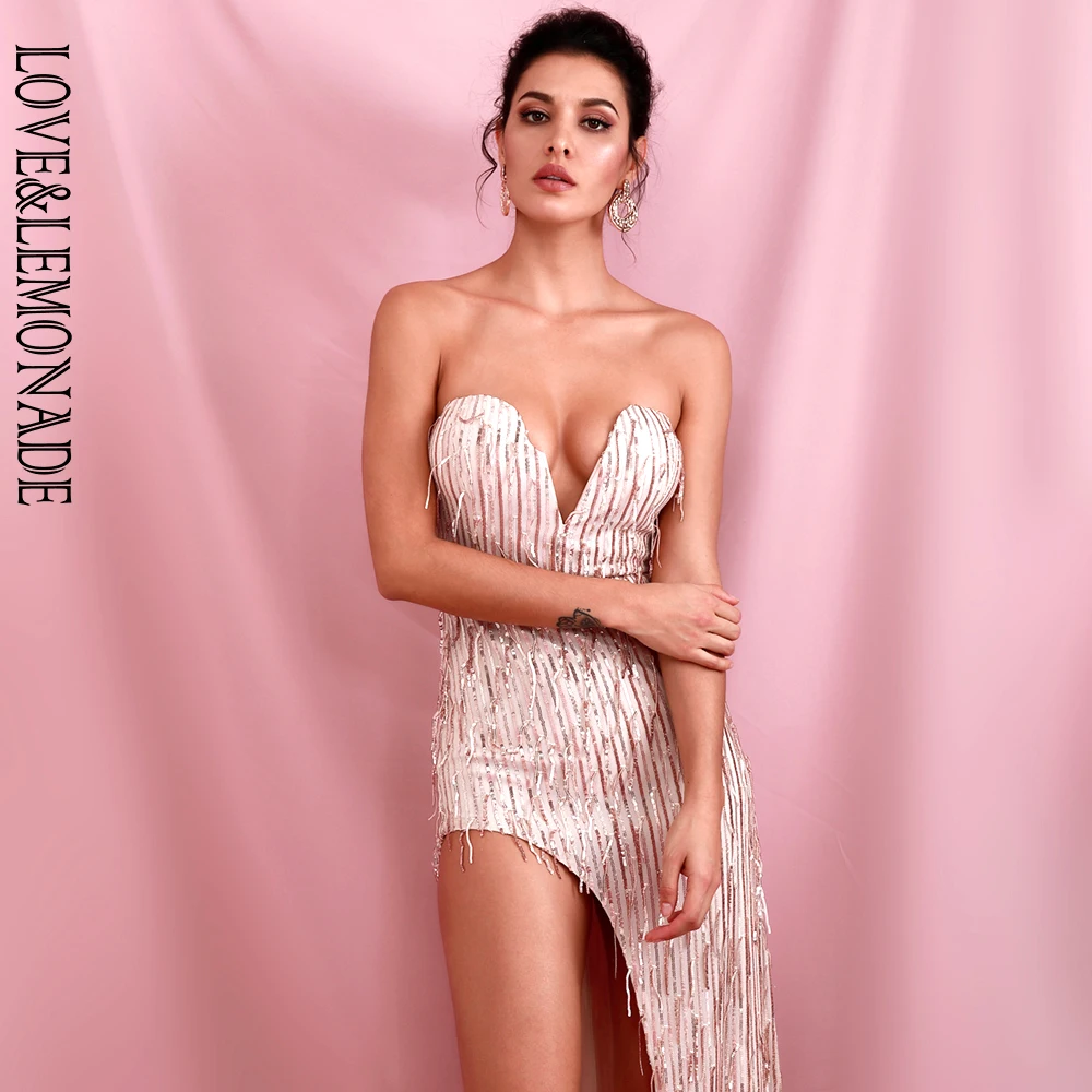 LOVE&LEMONADE, сексуальное, золотое, с v-образным вырезом, с одной стороны, с вырезами, эластичное, с кисточками, с блестками, вечерние, макси платье, LM82107