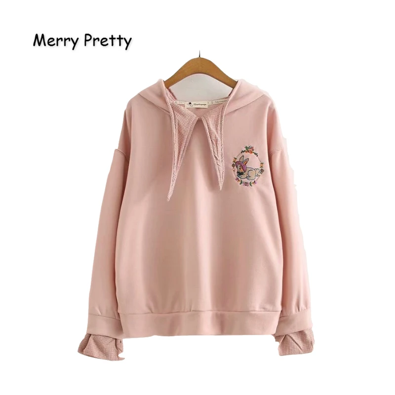 Merry Pretty женские толстовки с капюшоном и вышитым кроликом из мультфильма Зимние толстовки с длинными рукавами в стиле пэчворк пуловеры Harajuku