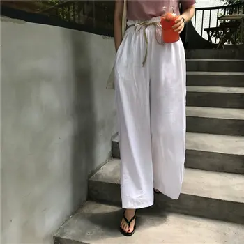 

Alien Kitty White Cotton Linen Plus Size High Waist Solid 2020 Straight Casual Chic All-Match Loose Women Wide Leg Trousers
