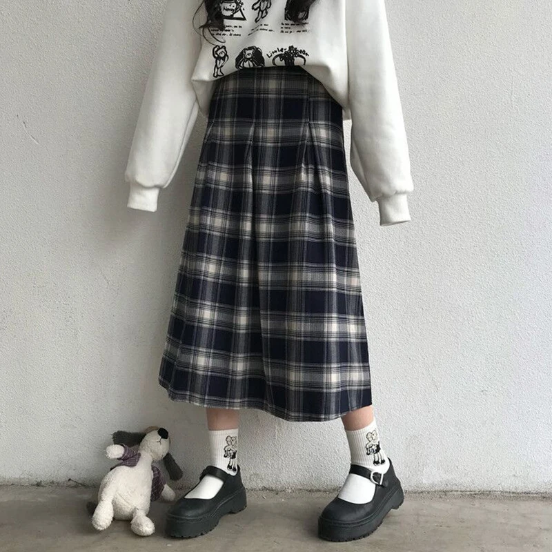 Осень-зима Для женщин ретро юбка с высокой талией, а-силуэт, юбка молодая девушка, студентка плед сладкий средней длины плиссированная юбка элегантный дизайн