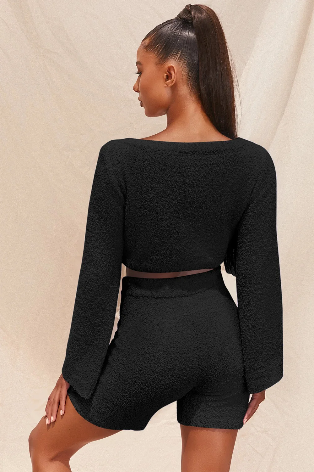 2PCS/Sets Sexy Fluffy Suits Velvet Plush Hooded Sleepwear Shorts+Crop Top Women Tracksuit Casual Sports Set Overalls Sweatshirts